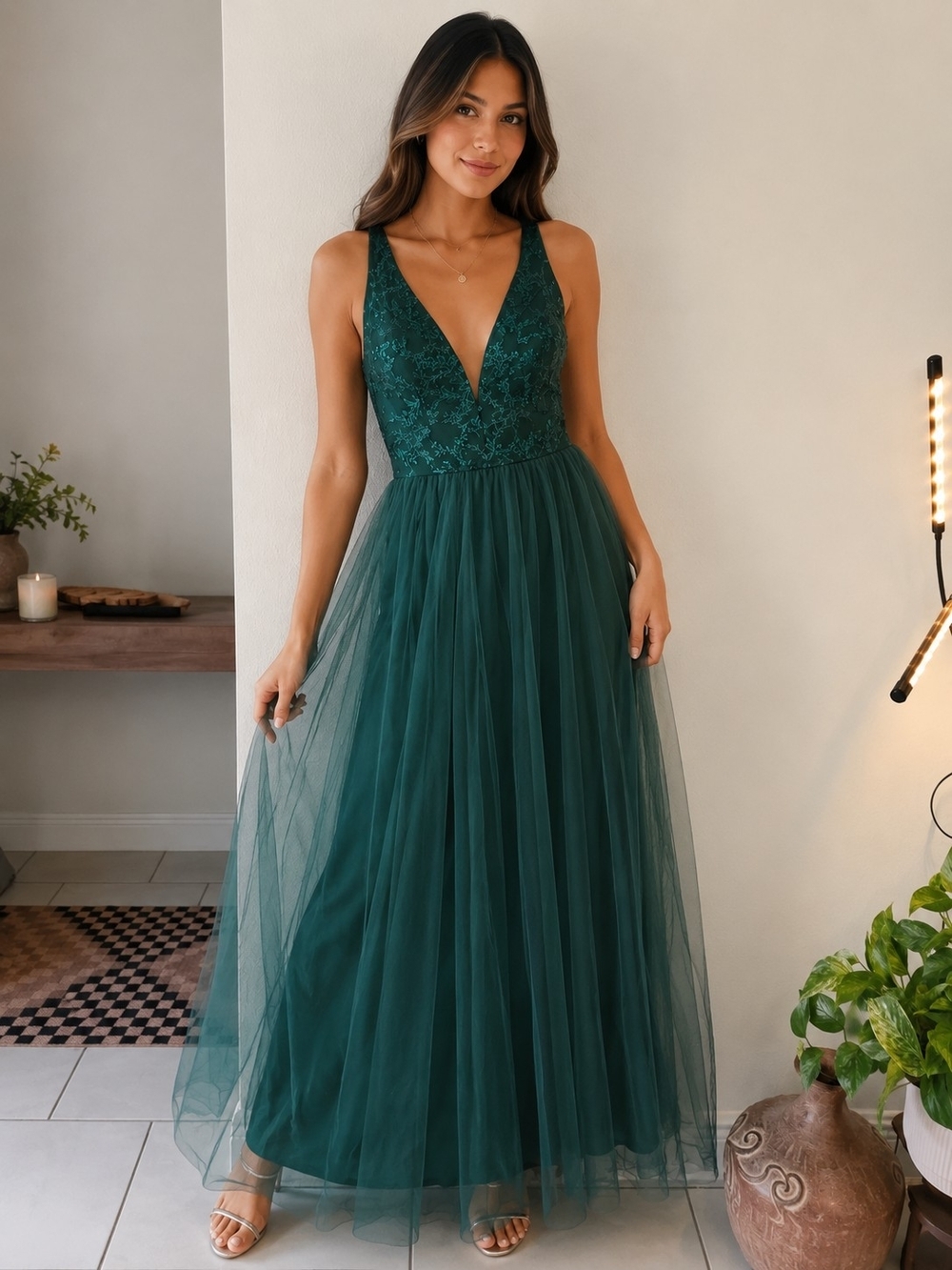 Emerald Green V-Neck Lace & Tulle Evening Dress